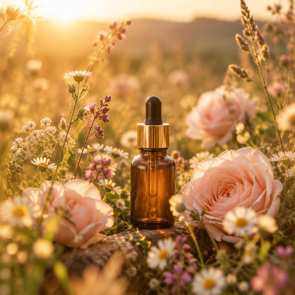 A small amber dropper bottle standing among wildflowers and pale blush roses in a sunlit meadow